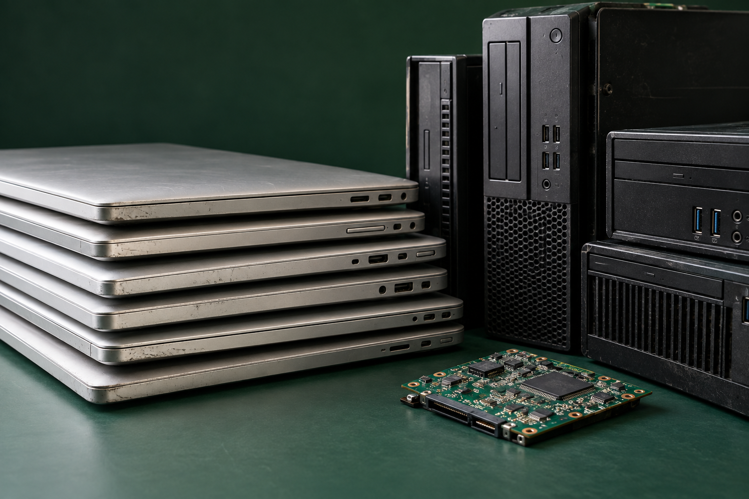 Retired office laptops and computers neatly arranged for collection